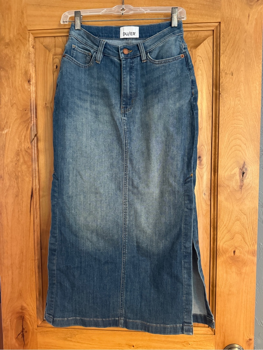DUER Women's Blue Denim Midi Skirt